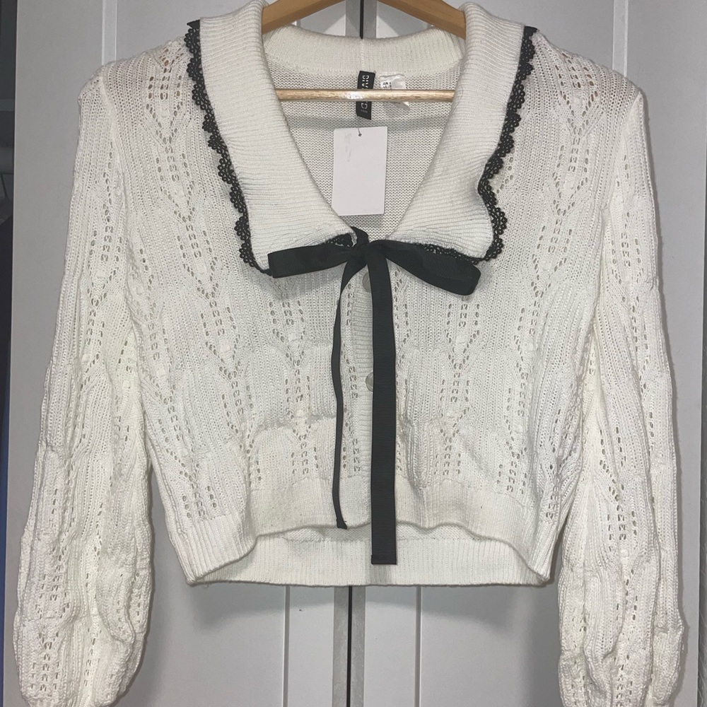 H&M White Cardigan with Black Lace Trim